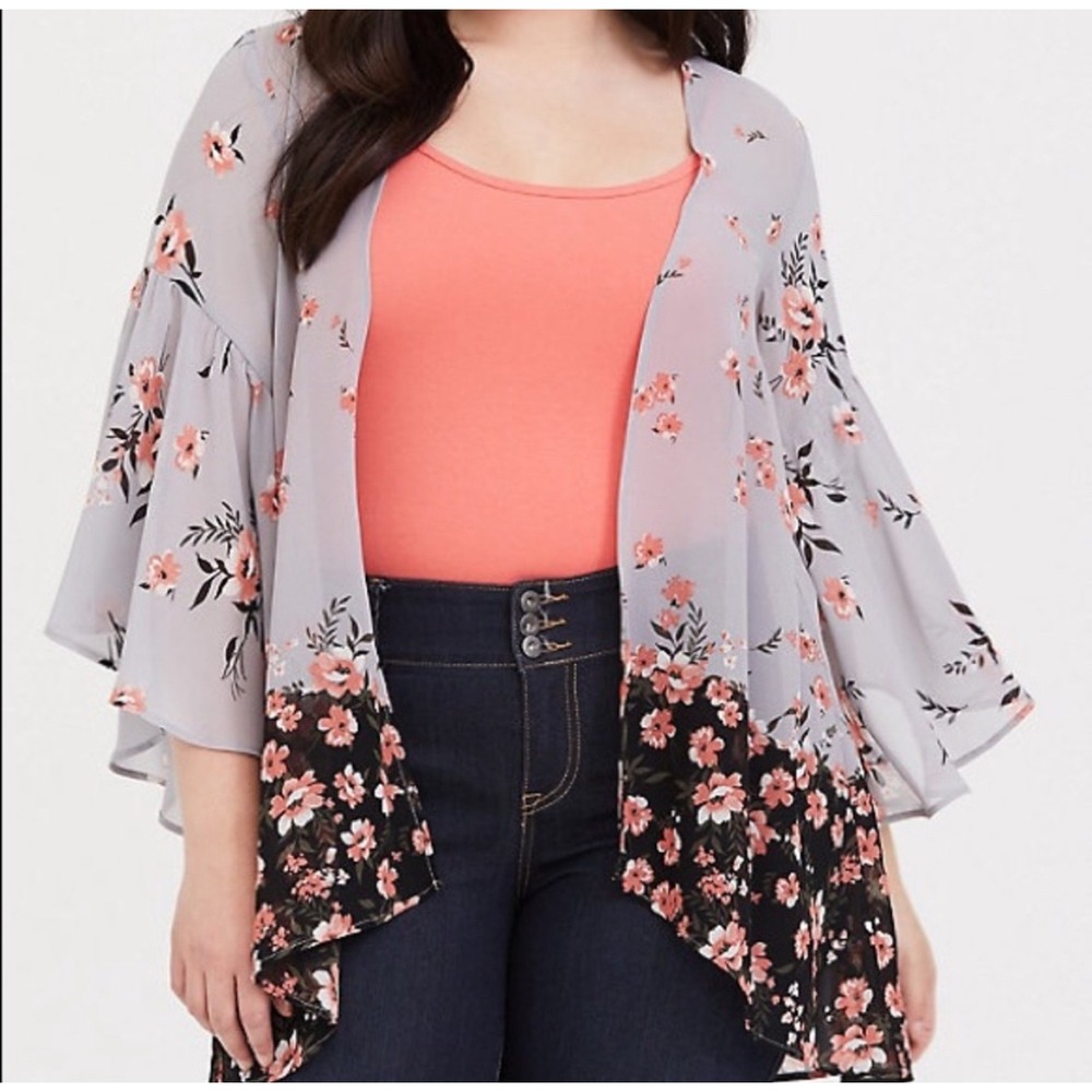 Torrid Floral Print Sheer Kimono Open Front Bell Sleeve 2 Tone‎ Gray Coral 1X/2X